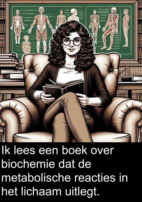 boek: Ik lees een boek over biochemie dat de metabolische reacties in het lichaam uitlegt.