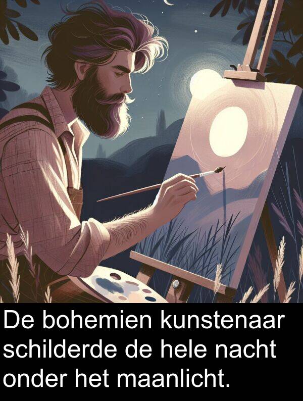 onder: De bohemien kunstenaar schilderde de hele nacht onder het maanlicht.