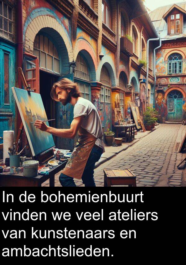 vinden: In de bohemienbuurt vinden we veel ateliers van kunstenaars en ambachtslieden.