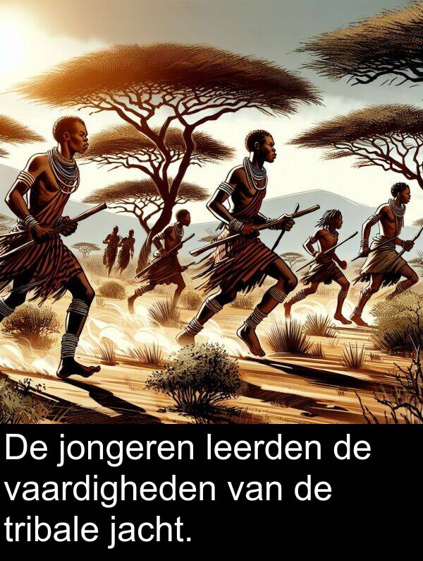 jacht: De jongeren leerden de vaardigheden van de tribale jacht.