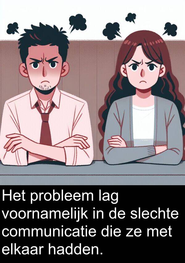 slechte: Het probleem lag voornamelijk in de slechte communicatie die ze met elkaar hadden.