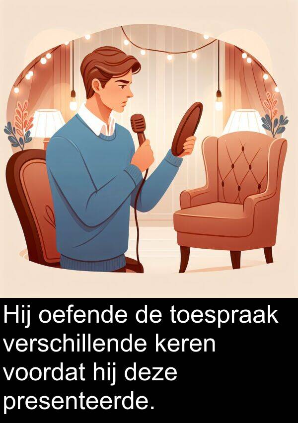 oefende: Hij oefende de toespraak verschillende keren voordat hij deze presenteerde.