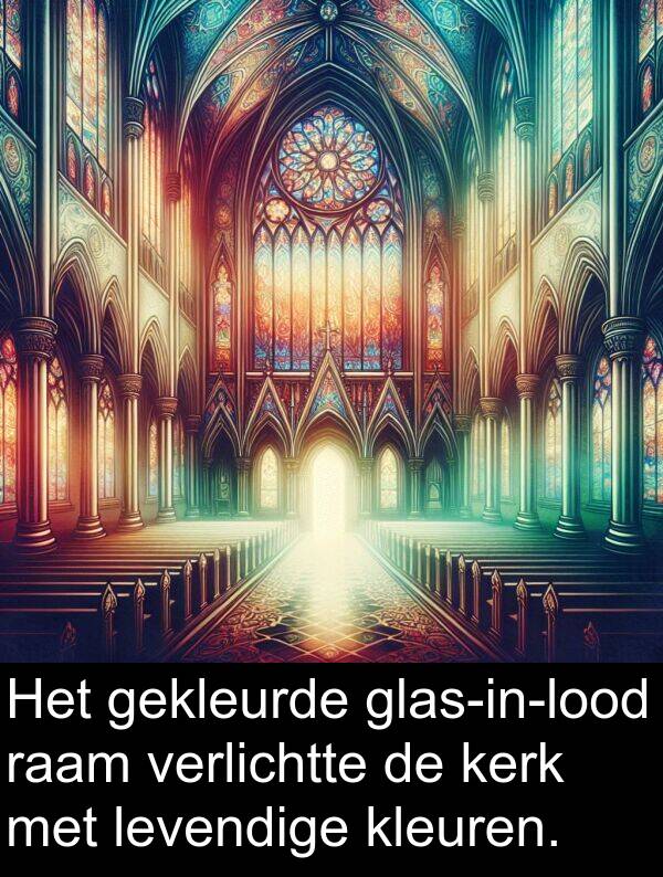 gekleurde: Het gekleurde glas-in-lood raam verlichtte de kerk met levendige kleuren.