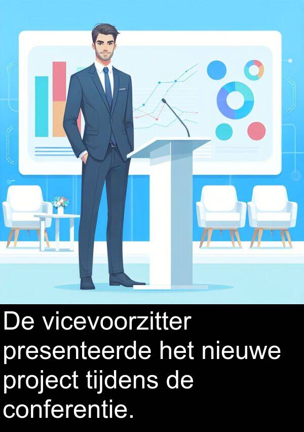 presenteerde: De vicevoorzitter presenteerde het nieuwe project tijdens de conferentie.