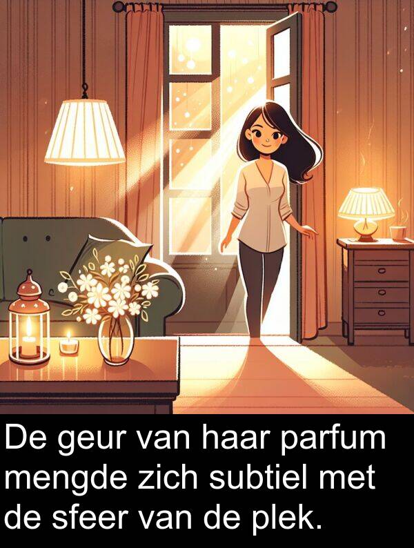 geur: De geur van haar parfum mengde zich subtiel met de sfeer van de plek.