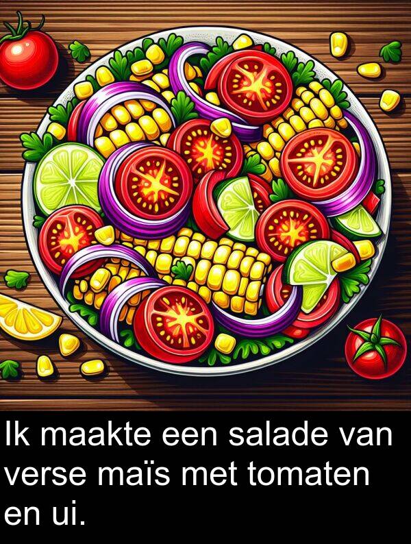 maakte: Ik maakte een salade van verse maïs met tomaten en ui.