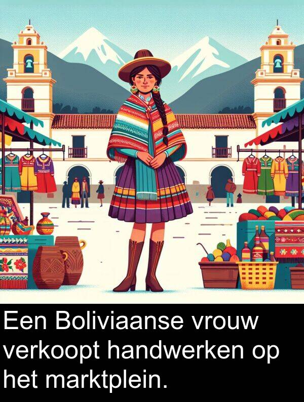 vrouw: Een Boliviaanse vrouw verkoopt handwerken op het marktplein.