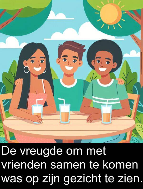 gezicht: De vreugde om met vrienden samen te komen was op zijn gezicht te zien.