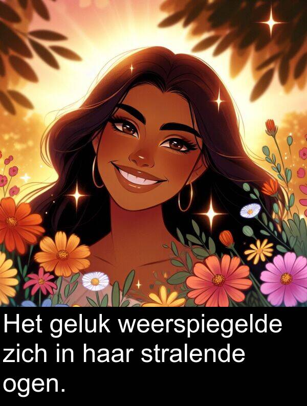 geluk: Het geluk weerspiegelde zich in haar stralende ogen.
