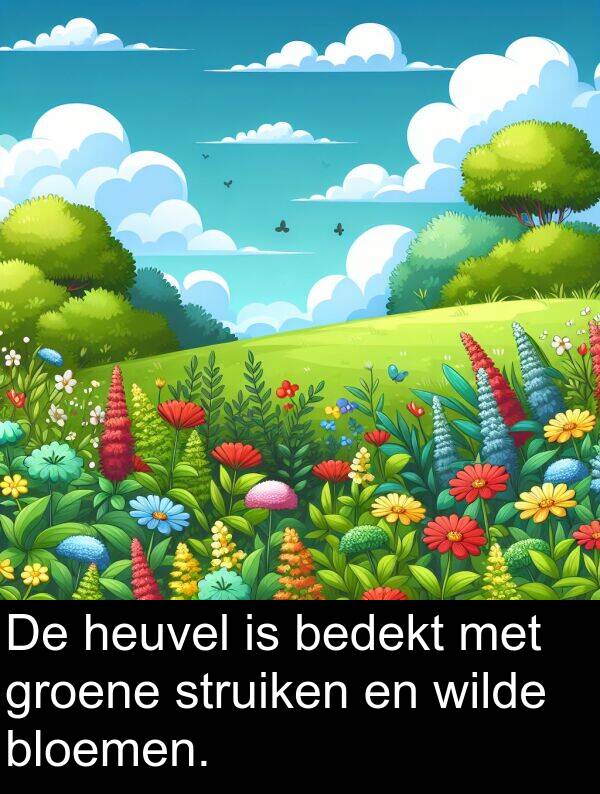 groene: De heuvel is bedekt met groene struiken en wilde bloemen.