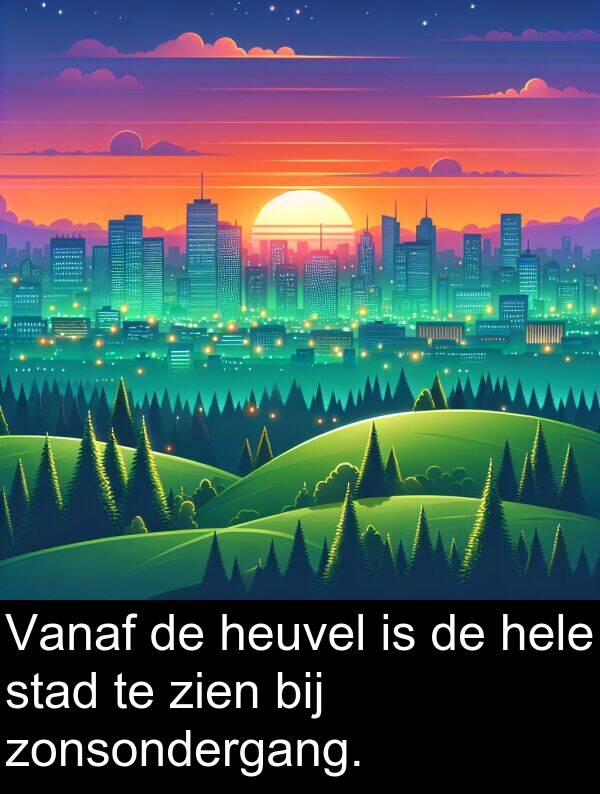 zien: Vanaf de heuvel is de hele stad te zien bij zonsondergang.