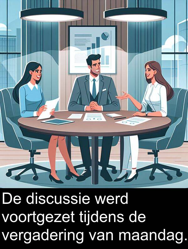 tijdens: De discussie werd voortgezet tijdens de vergadering van maandag.