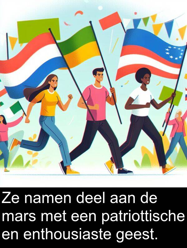 mars: Ze namen deel aan de mars met een patriottische en enthousiaste geest.