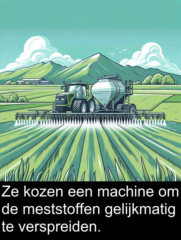 gelijkmatig: Ze kozen een machine om de meststoffen gelijkmatig te verspreiden.