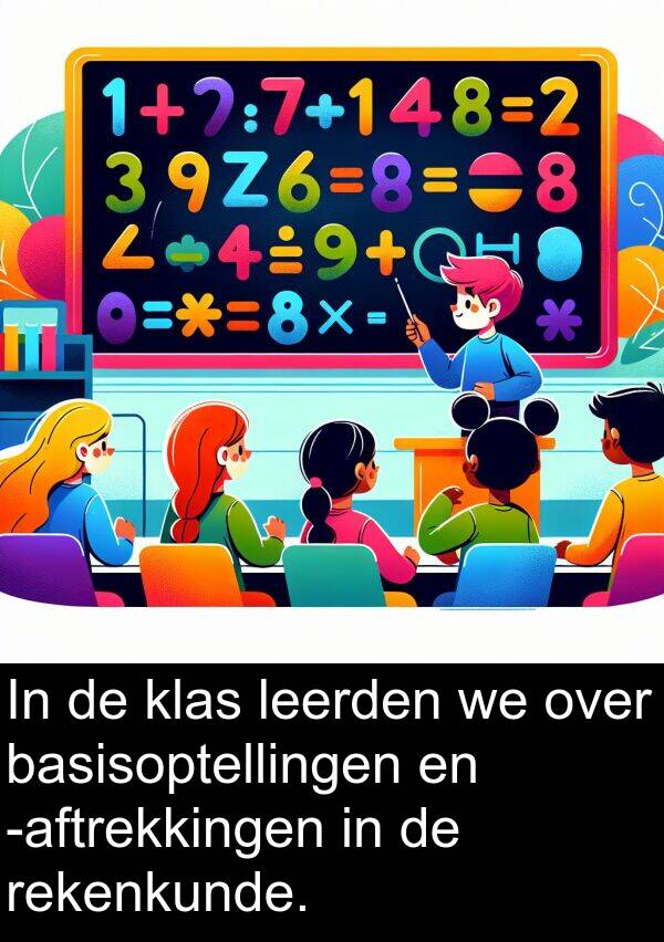 klas: In de klas leerden we over basisoptellingen en -aftrekkingen in de rekenkunde.