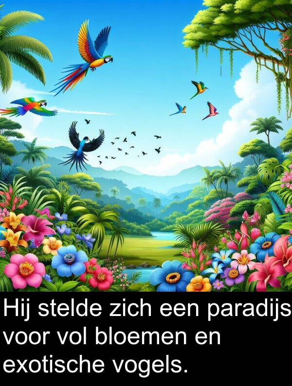 stelde: Hij stelde zich een paradijs voor vol bloemen en exotische vogels.