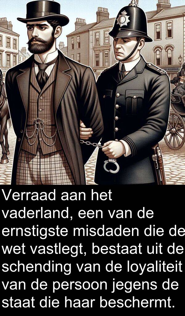 bestaat: Verraad aan het vaderland, een van de ernstigste misdaden die de wet vastlegt, bestaat uit de schending van de loyaliteit van de persoon jegens de staat die haar beschermt.