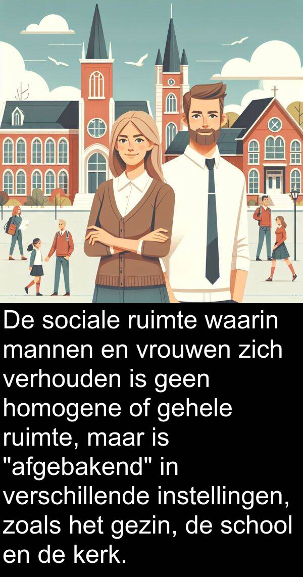 gezin: De sociale ruimte waarin mannen en vrouwen zich verhouden is geen homogene of gehele ruimte, maar is "afgebakend" in verschillende instellingen, zoals het gezin, de school en de kerk.