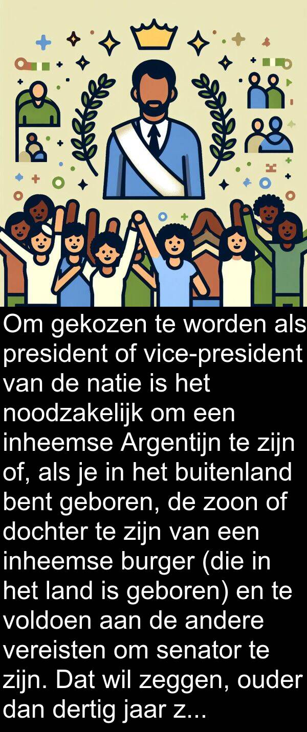 gekozen: Om gekozen te worden als president of vice-president van de natie is het noodzakelijk om een inheemse Argentijn te zijn of, als je in het buitenland bent geboren, de zoon of dochter te zijn van een inheemse burger (die in het land is geboren) en te voldoen aan de andere vereisten om senator te zijn. Dat wil zeggen, ouder dan dertig jaar zijn en minstens zes jaar burgerrechten hebben uitgeoefend.