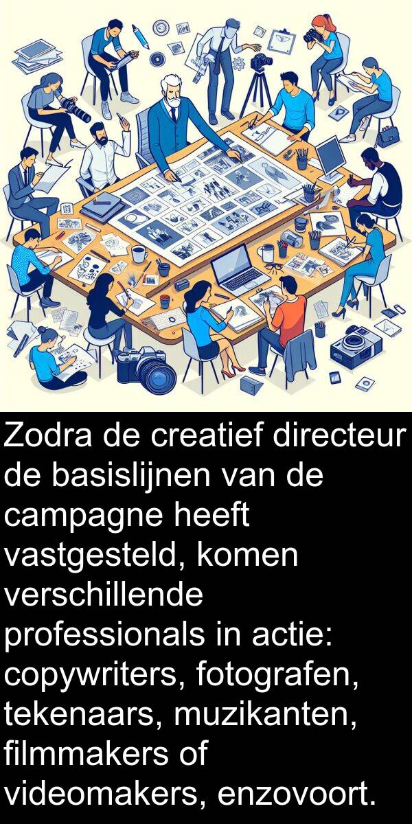 basislijnen: Zodra de creatief directeur de basislijnen van de campagne heeft vastgesteld, komen verschillende professionals in actie: copywriters, fotografen, tekenaars, muzikanten, filmmakers of videomakers, enzovoort.