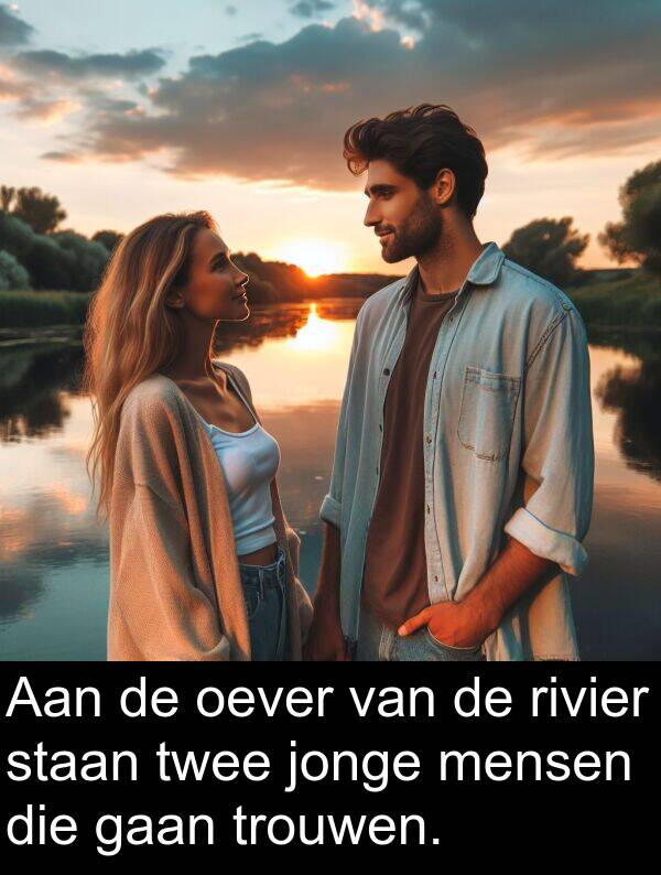 mensen: Aan de oever van de rivier staan twee jonge mensen die gaan trouwen.
