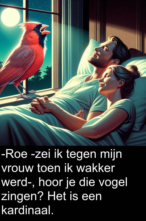 zingen: -Roe -zei ik tegen mijn vrouw toen ik wakker werd-, hoor je die vogel zingen? Het is een kardinaal.