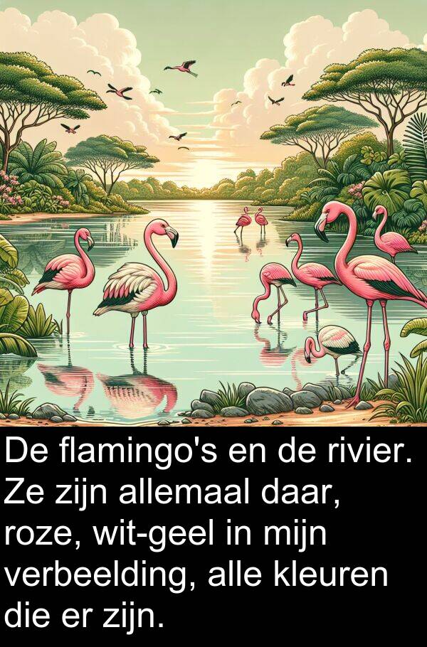 daar: De flamingo's en de rivier. Ze zijn allemaal daar, roze, wit-geel in mijn verbeelding, alle kleuren die er zijn.