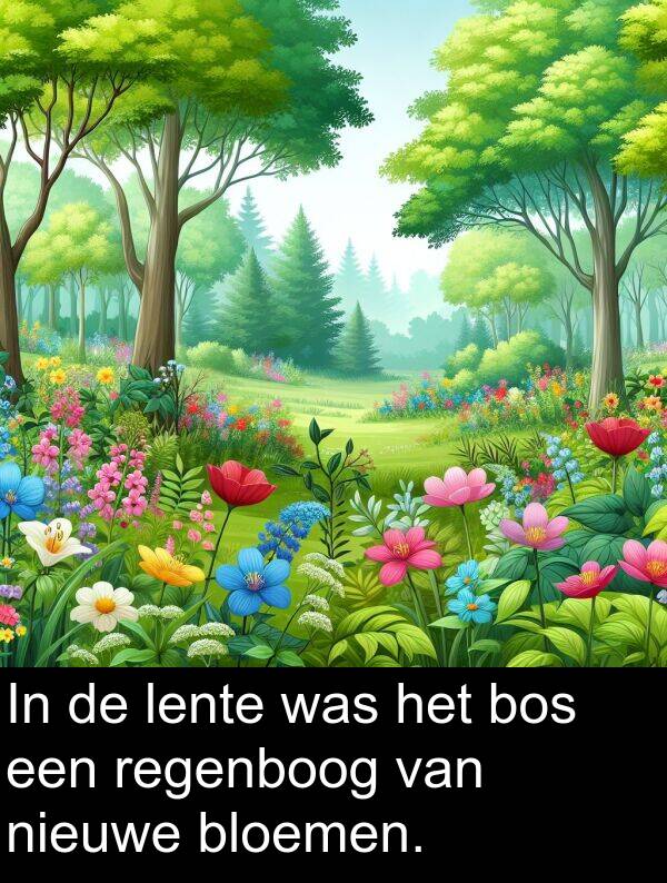 bos: In de lente was het bos een regenboog van nieuwe bloemen.