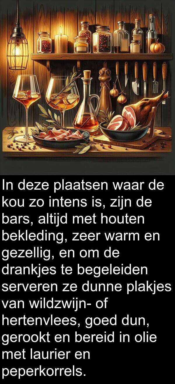gezellig: In deze plaatsen waar de kou zo intens is, zijn de bars, altijd met houten bekleding, zeer warm en gezellig, en om de drankjes te begeleiden serveren ze dunne plakjes van wildzwijn- of hertenvlees, goed dun, gerookt en bereid in olie met laurier en peperkorrels.