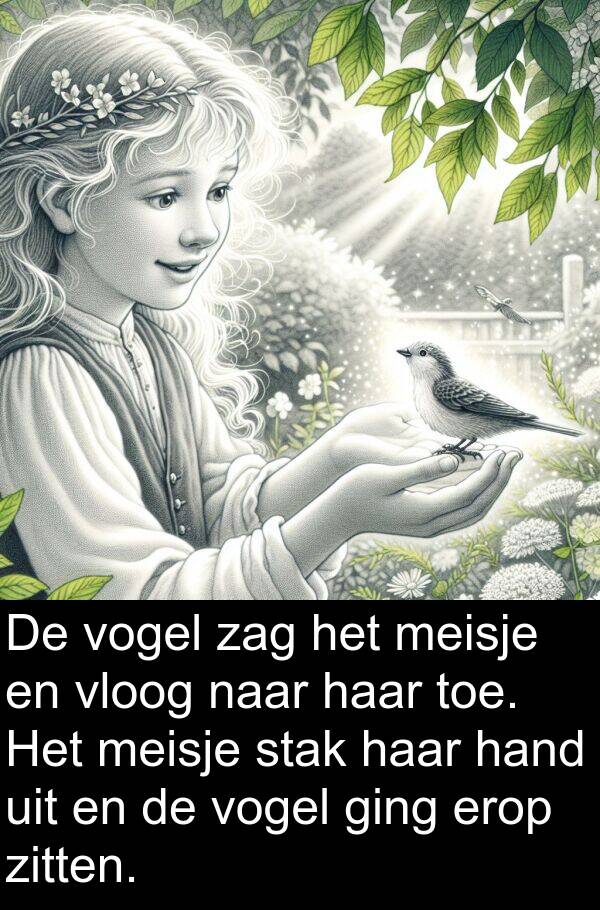ging: De vogel zag het meisje en vloog naar haar toe. Het meisje stak haar hand uit en de vogel ging erop zitten.