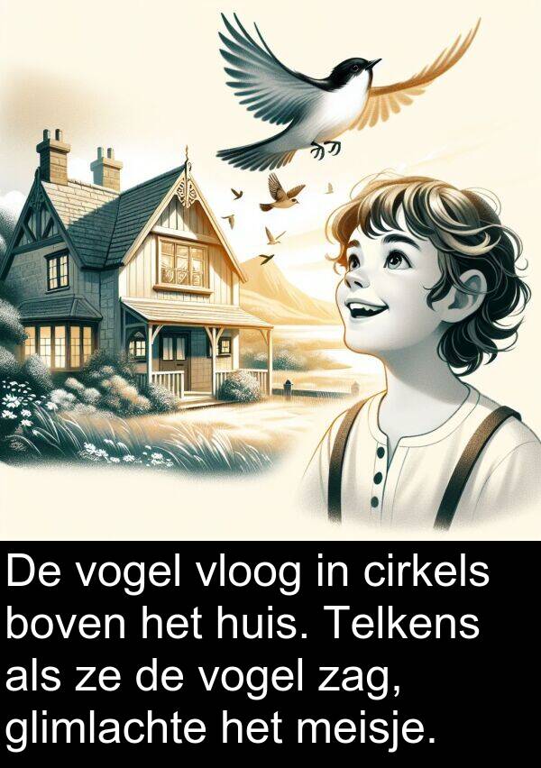 glimlachte: De vogel vloog in cirkels boven het huis. Telkens als ze de vogel zag, glimlachte het meisje.