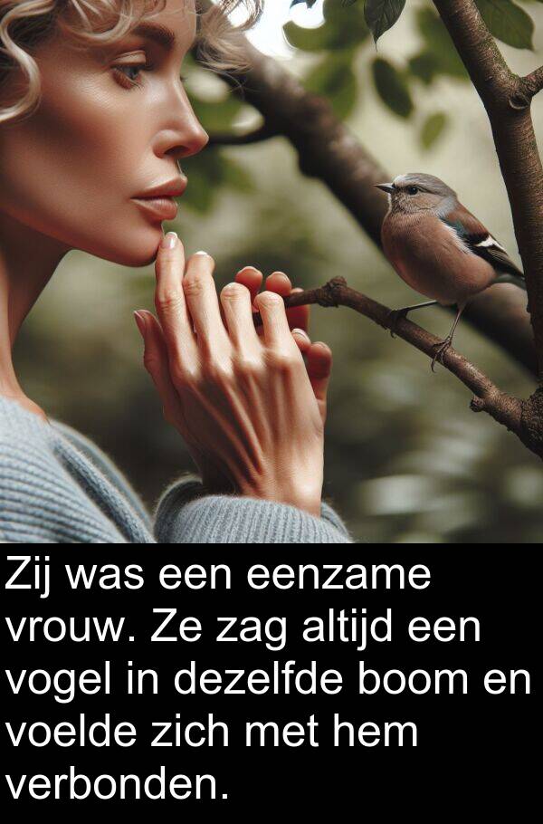 vrouw: Zij was een eenzame vrouw. Ze zag altijd een vogel in dezelfde boom en voelde zich met hem verbonden.