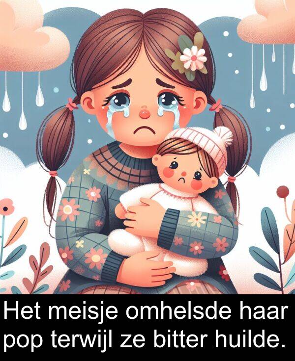 terwijl: Het meisje omhelsde haar pop terwijl ze bitter huilde.