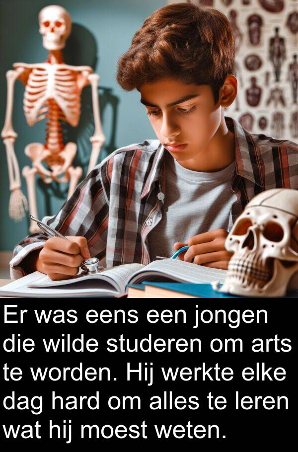 leren: Er was eens een jongen die wilde studeren om arts te worden. Hij werkte elke dag hard om alles te leren wat hij moest weten.