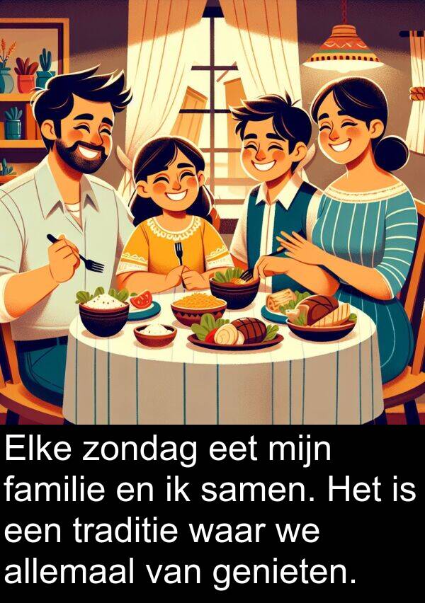 waar: Elke zondag eet mijn familie en ik samen. Het is een traditie waar we allemaal van genieten.
