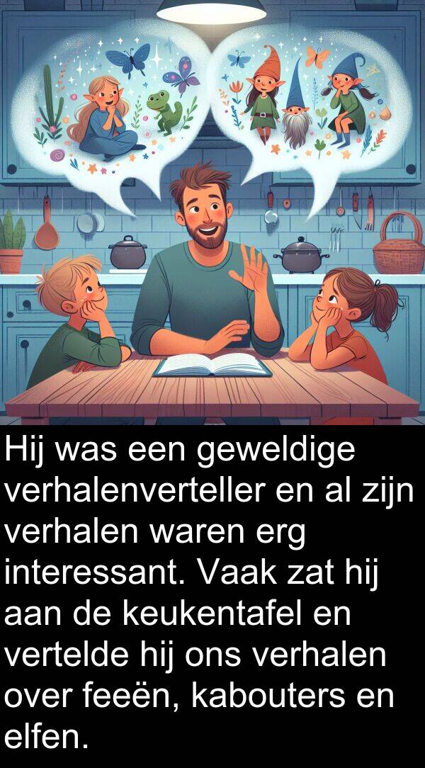 geweldige: Hij was een geweldige verhalenverteller en al zijn verhalen waren erg interessant. Vaak zat hij aan de keukentafel en vertelde hij ons verhalen over feeën, kabouters en elfen.