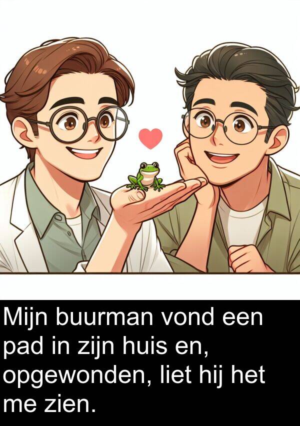 zien: Mijn buurman vond een pad in zijn huis en, opgewonden, liet hij het me zien.