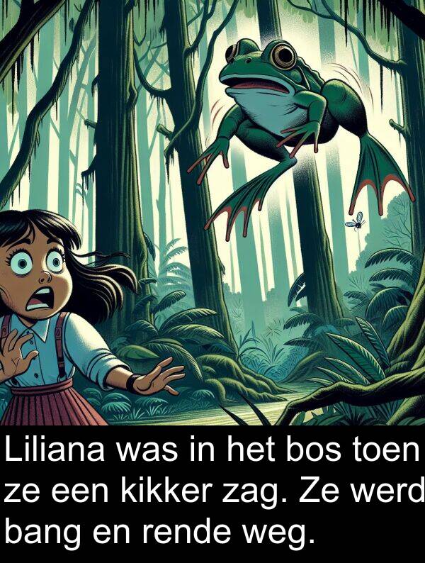 zag: Liliana was in het bos toen ze een kikker zag. Ze werd bang en rende weg.