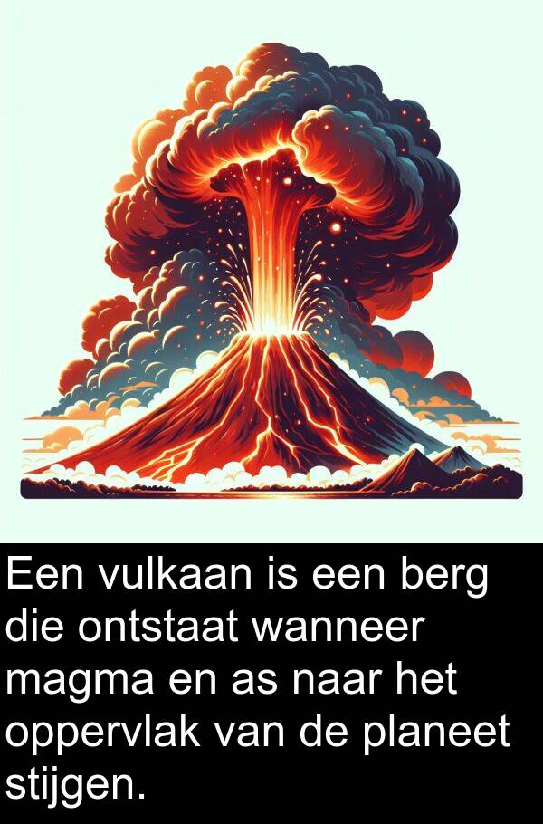 stijgen: Een vulkaan is een berg die ontstaat wanneer magma en as naar het oppervlak van de planeet stijgen.