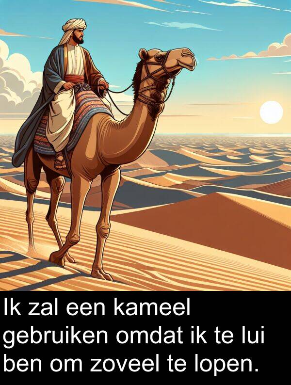 zal: Ik zal een kameel gebruiken omdat ik te lui ben om zoveel te lopen.