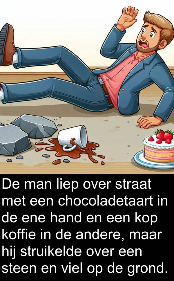 grond: De man liep over straat met een chocoladetaart in de ene hand en een kop koffie in de andere, maar hij struikelde over een steen en viel op de grond.
