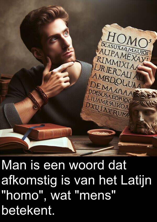 woord: Man is een woord dat afkomstig is van het Latijn "homo", wat "mens" betekent.