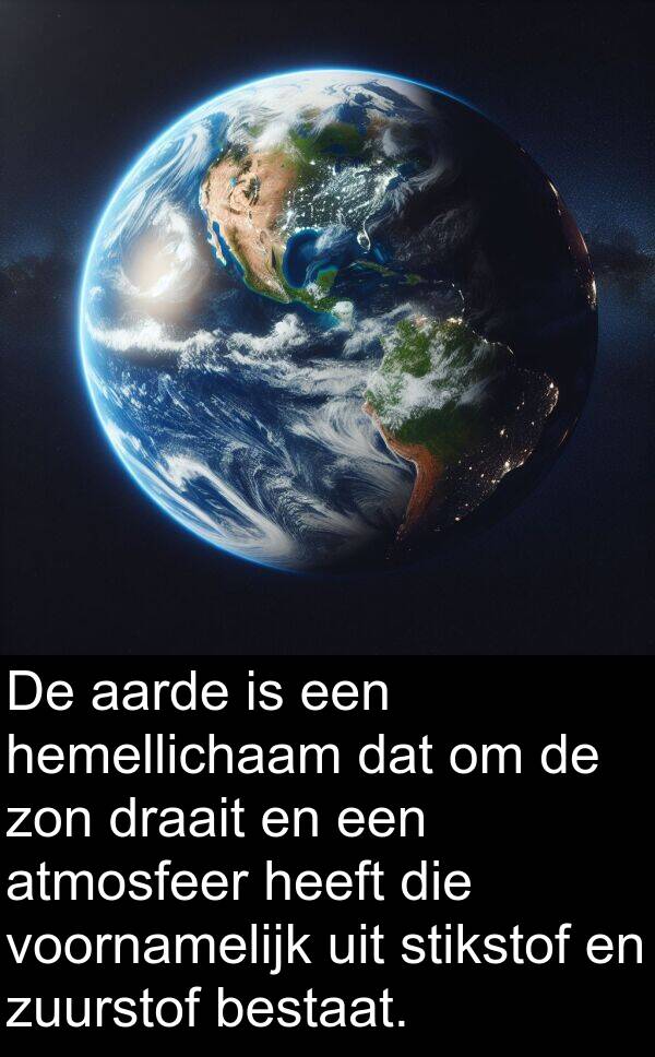 draait: De aarde is een hemellichaam dat om de zon draait en een atmosfeer heeft die voornamelijk uit stikstof en zuurstof bestaat.