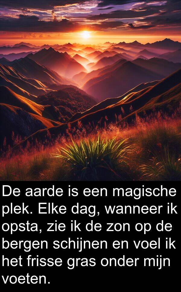 zie: De aarde is een magische plek. Elke dag, wanneer ik opsta, zie ik de zon op de bergen schijnen en voel ik het frisse gras onder mijn voeten.