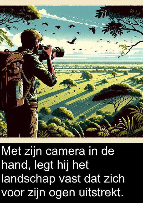 vast: Met zijn camera in de hand, legt hij het landschap vast dat zich voor zijn ogen uitstrekt.