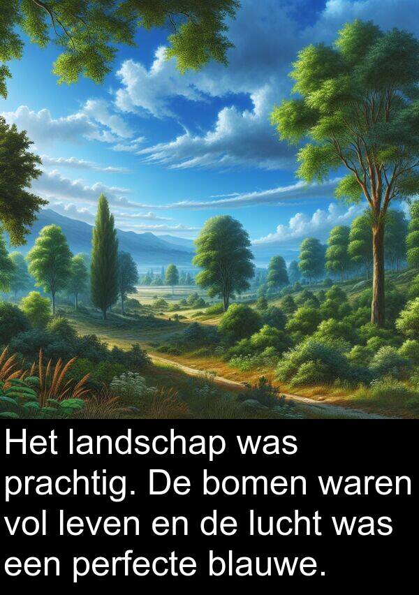 prachtig: Het landschap was prachtig. De bomen waren vol leven en de lucht was een perfecte blauwe.