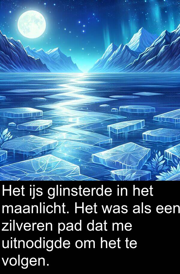 glinsterde: Het ijs glinsterde in het maanlicht. Het was als een zilveren pad dat me uitnodigde om het te volgen.