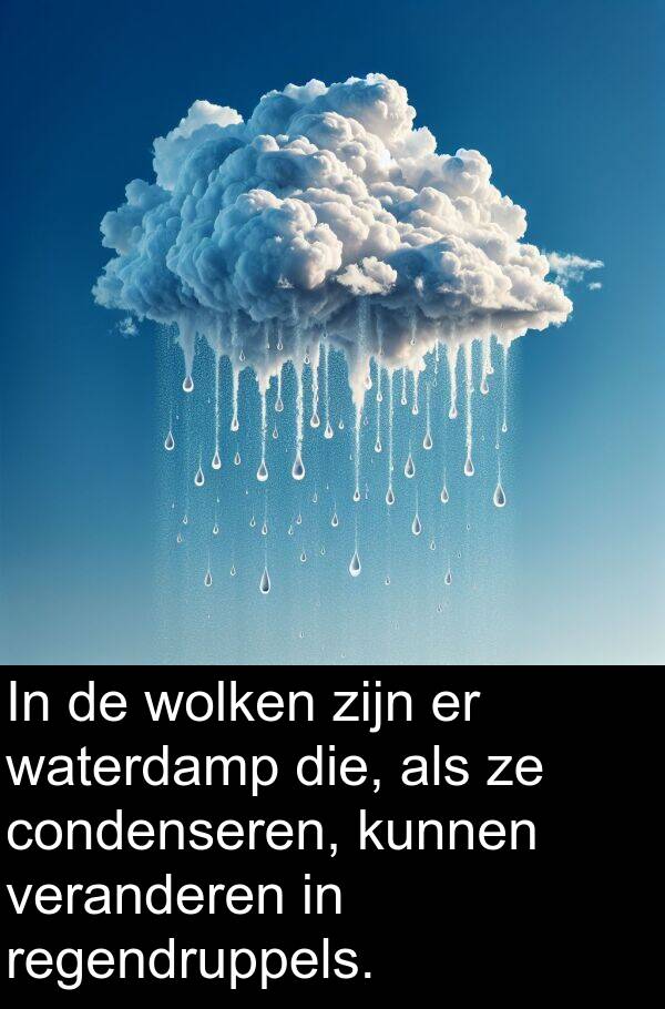 condenseren: In de wolken zijn er waterdamp die, als ze condenseren, kunnen veranderen in regendruppels.