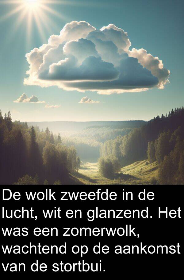 glanzend: De wolk zweefde in de lucht, wit en glanzend. Het was een zomerwolk, wachtend op de aankomst van de stortbui.
