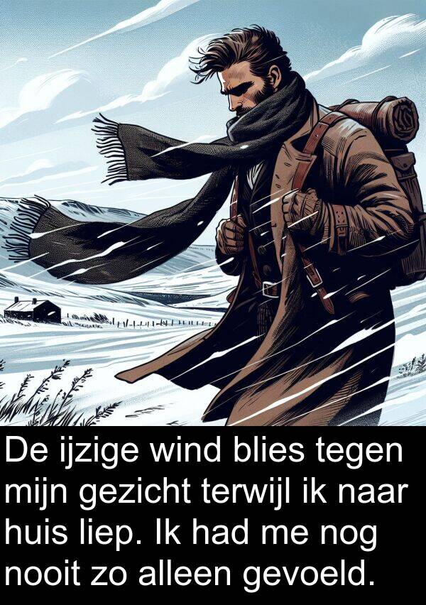 gezicht: De ijzige wind blies tegen mijn gezicht terwijl ik naar huis liep. Ik had me nog nooit zo alleen gevoeld.